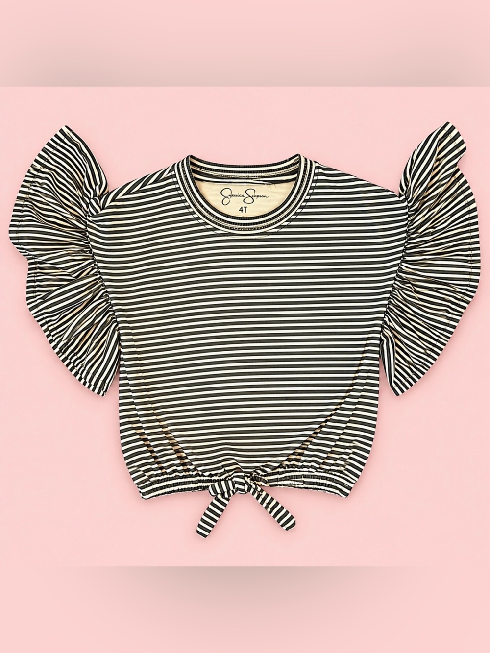 Jessica Simpson Girls Striped Ruffle Sleeve Tie Front Top 4T